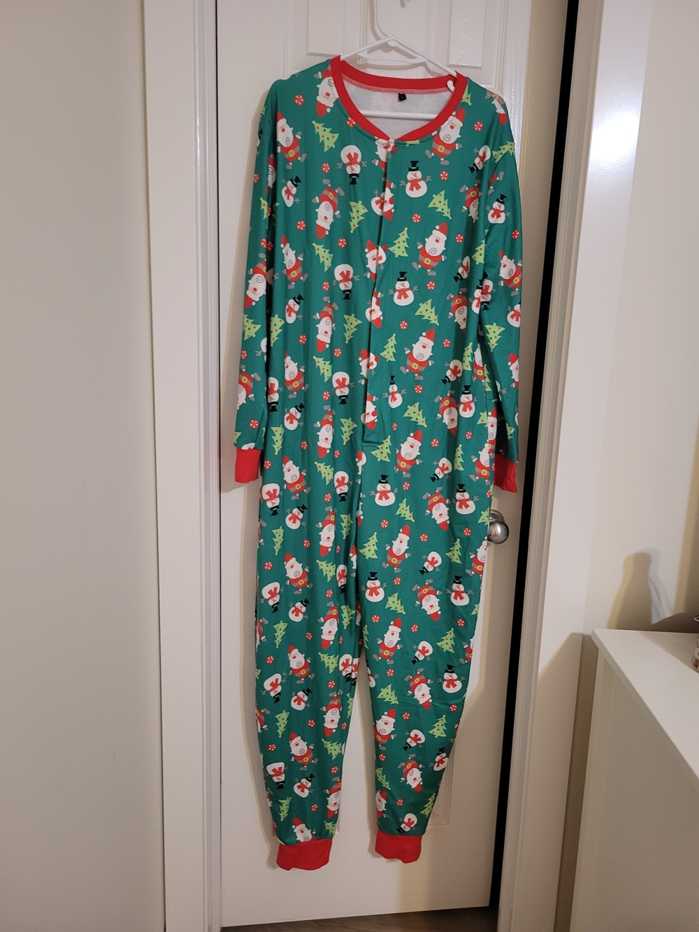 Green Christmas One-Piece Pajamas with Red Trim Size L